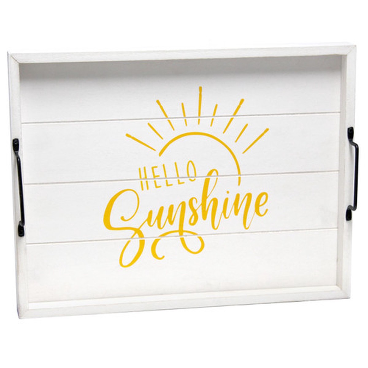 “Hello Sunshine” Rectangular Wooden Accent Tray with Handles – 15.5″ – White
