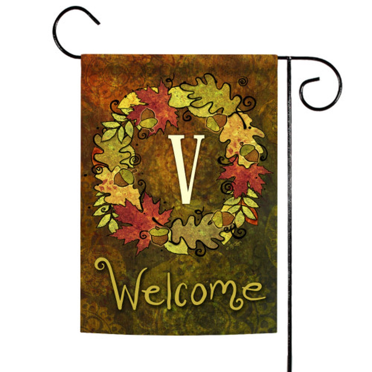 Yellow and Brown Fall Wreath Monogram V Outdoor Garden Flag 18″ x 12.5″