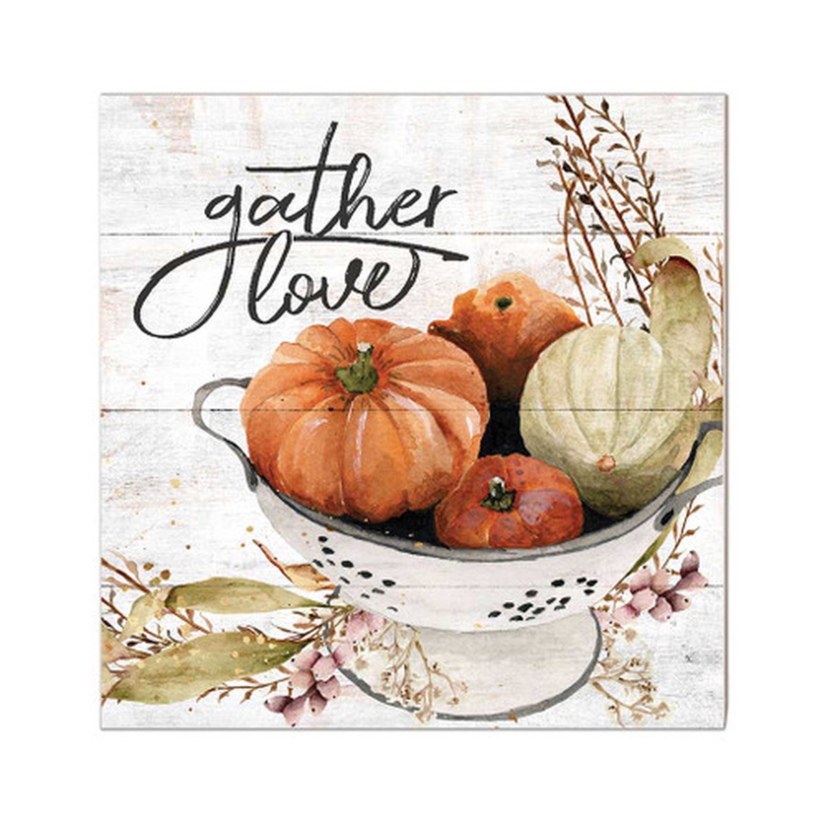 10″ White and Orange “Gather Love” with Pumpkins Fall Harvest Wooden Sign