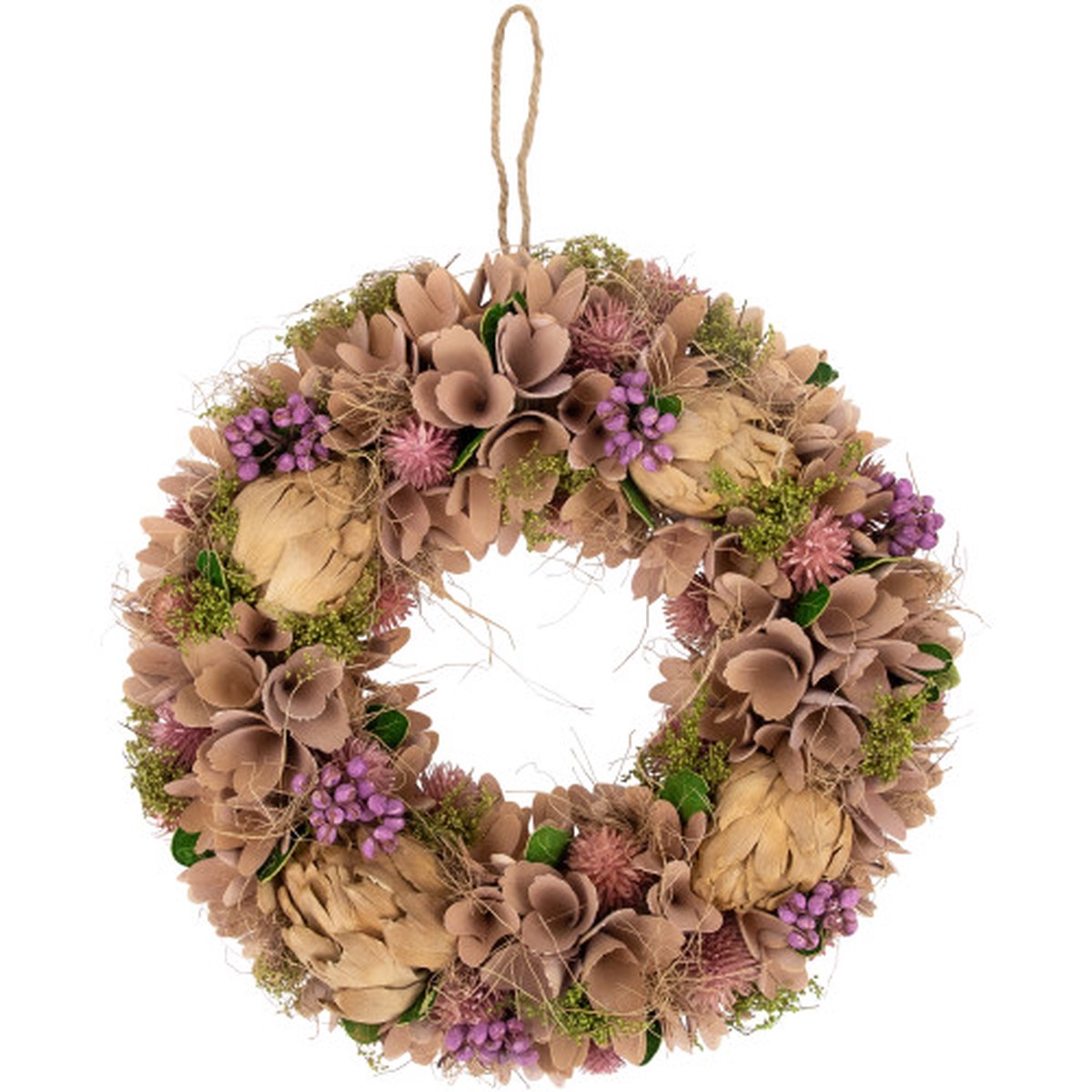 12″ Purple and Beige Wooden Floral Spring Wreath with Preserved Artichoke