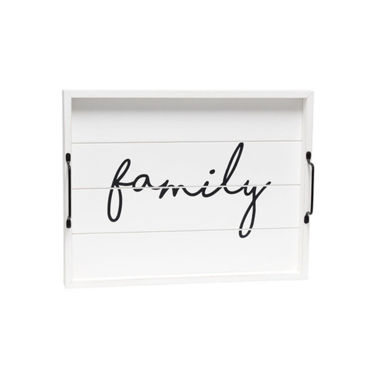“Family” Rectangular Wooden Accent Tray with Handles – 15.5″ – White and Black