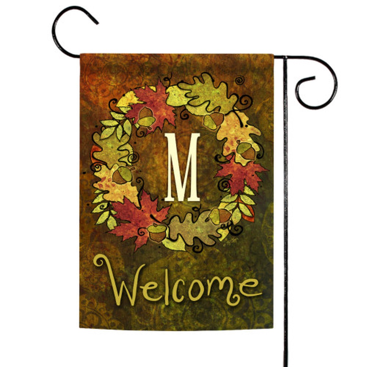 Yellow and Brown Fall Wreath Monogram M Outdoor Garden Flag 18″ x 12.5″