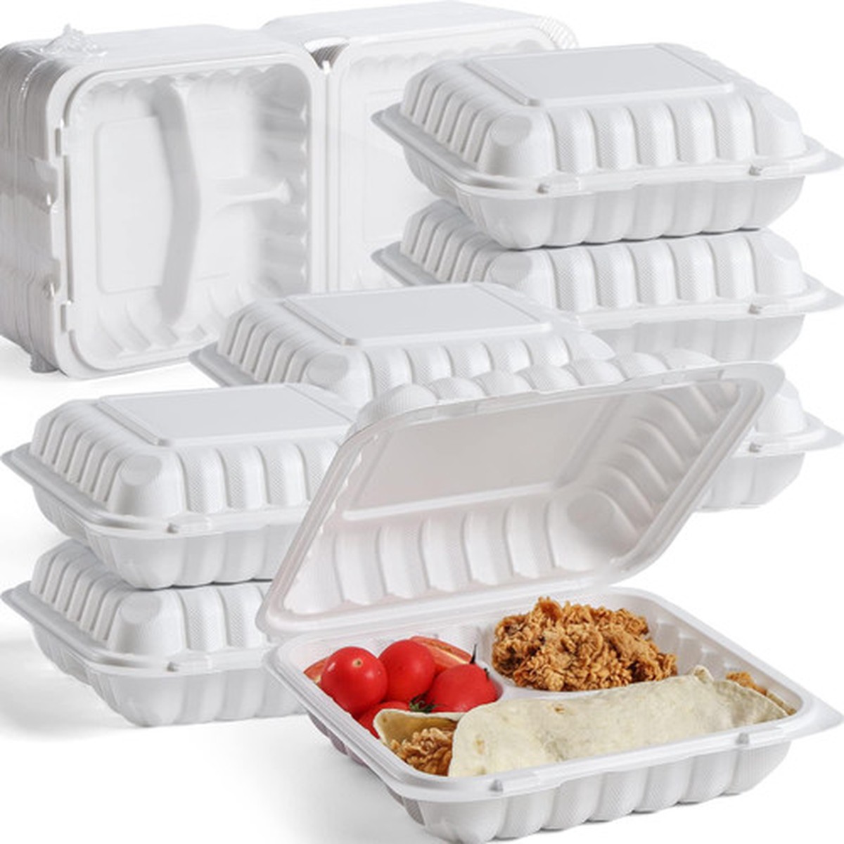 150-Count 3-Compartment Hinged White Meal Prep/Take Out Containers – 9″