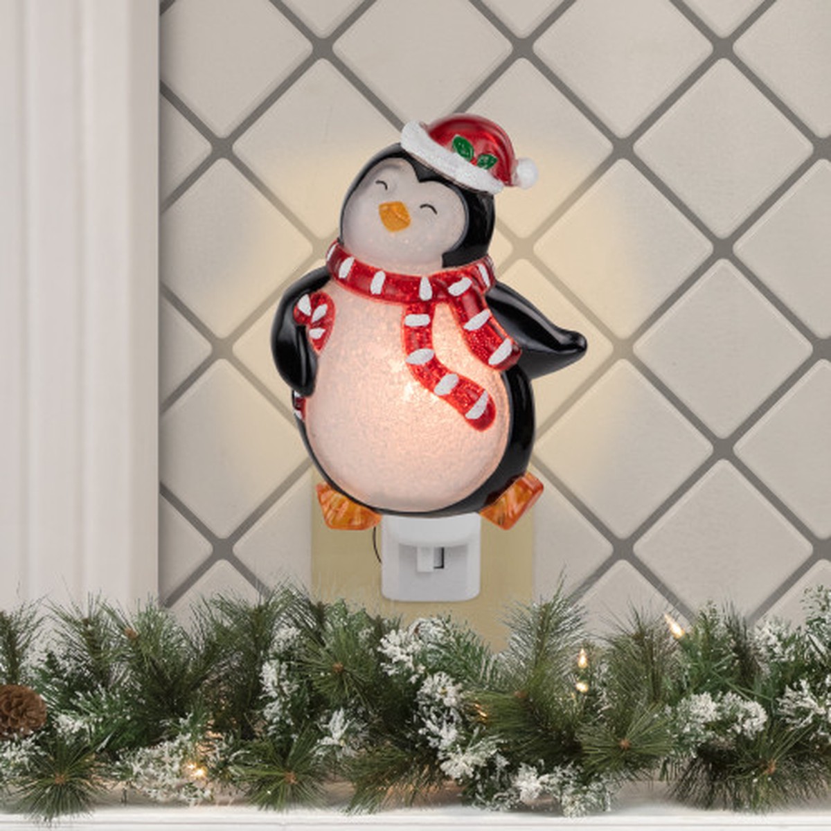 6" Happy Penguin Holding Candy Cane in Santa Hat Christmas Night Light