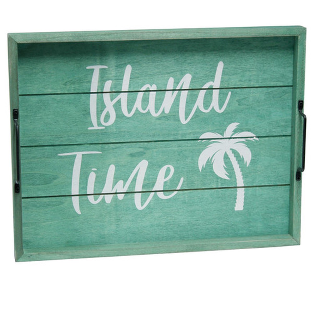 “Island Time” Rectangular Wooden Accent Tray with Handles – 15.5″ – Blue and White