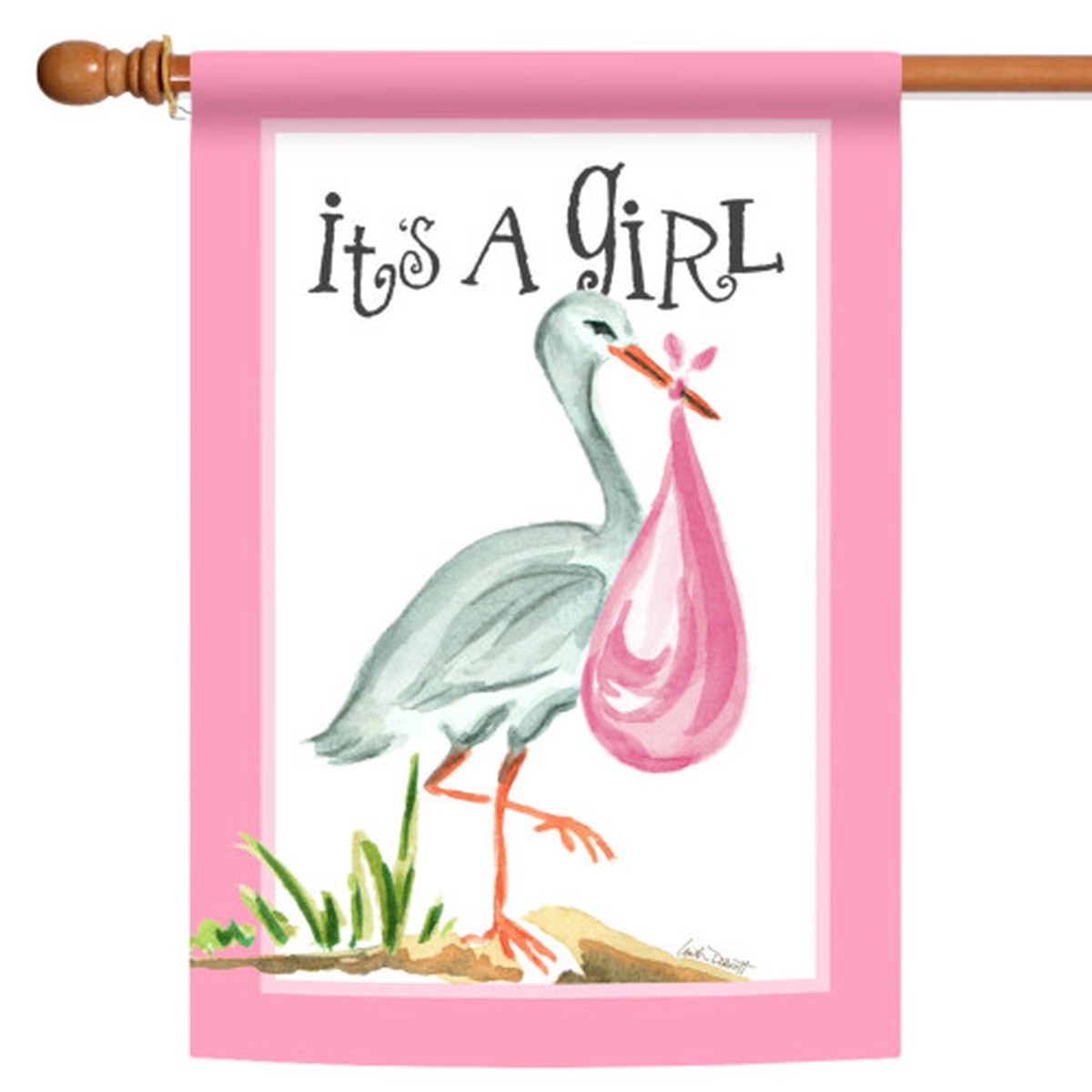 Stork “It’s a Girl” Fade Resistant Outdoor Flag – 40″ x 28″ – White and Pink