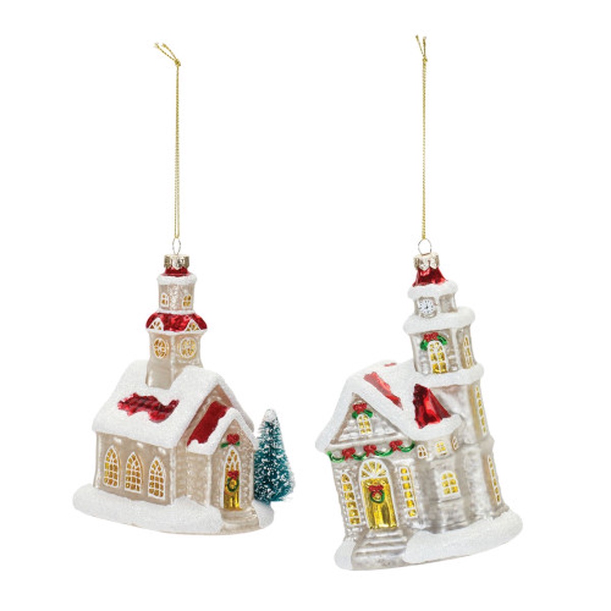 Set of 6 Glittered Glass Church Christmas Ornaments 6.25″