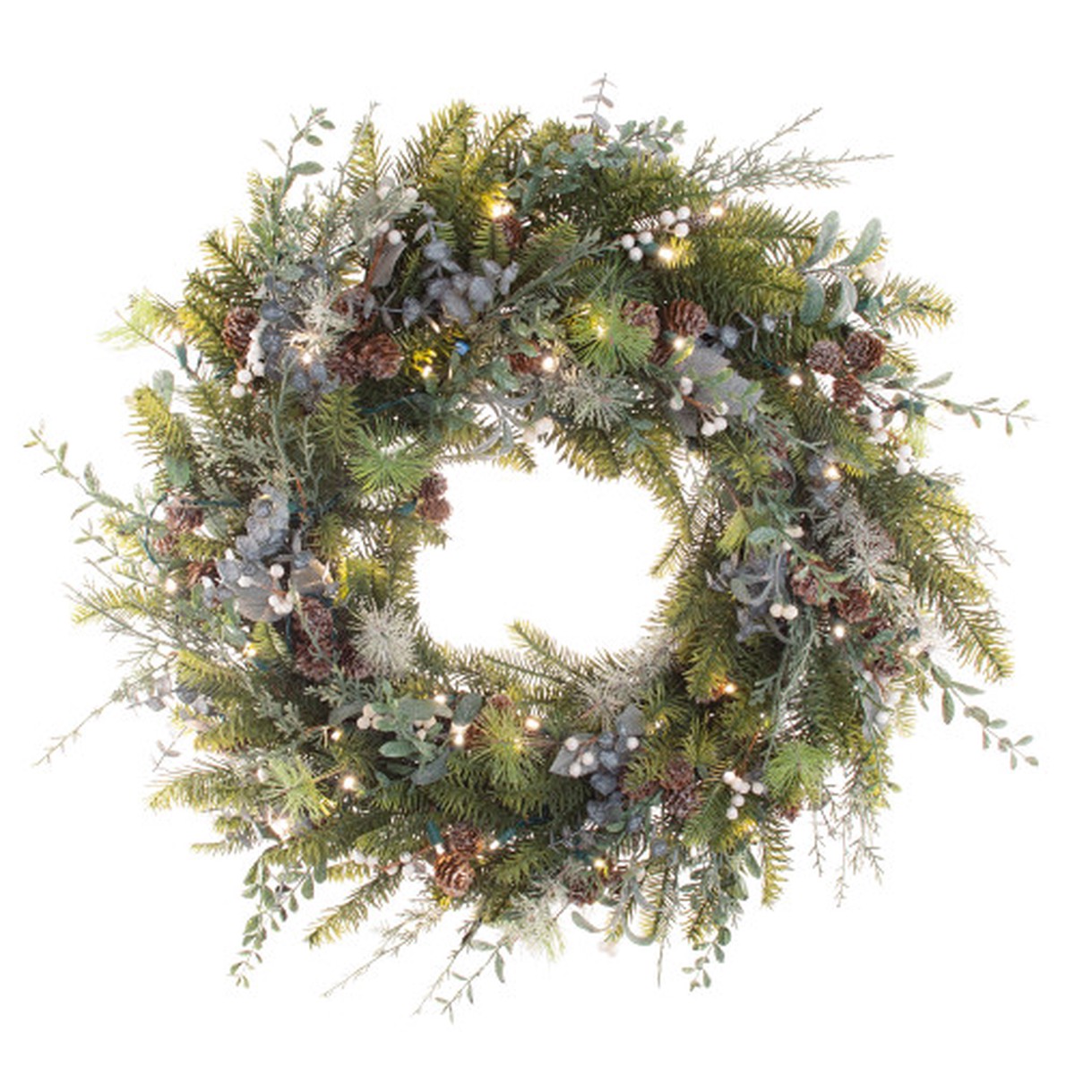 30″ Battery Operated Green Rustic White Berry LED Artificial Christmas Wreath – Warm Clear Lights