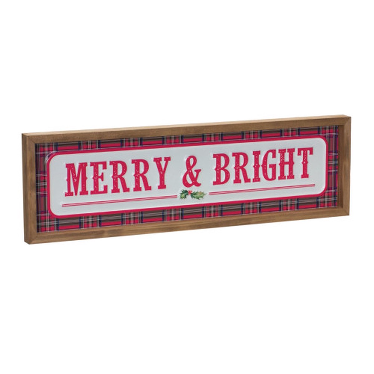 “Merry and Bright” Plaid Framed Christmas Wall Sign – 19.75″ – Red and White