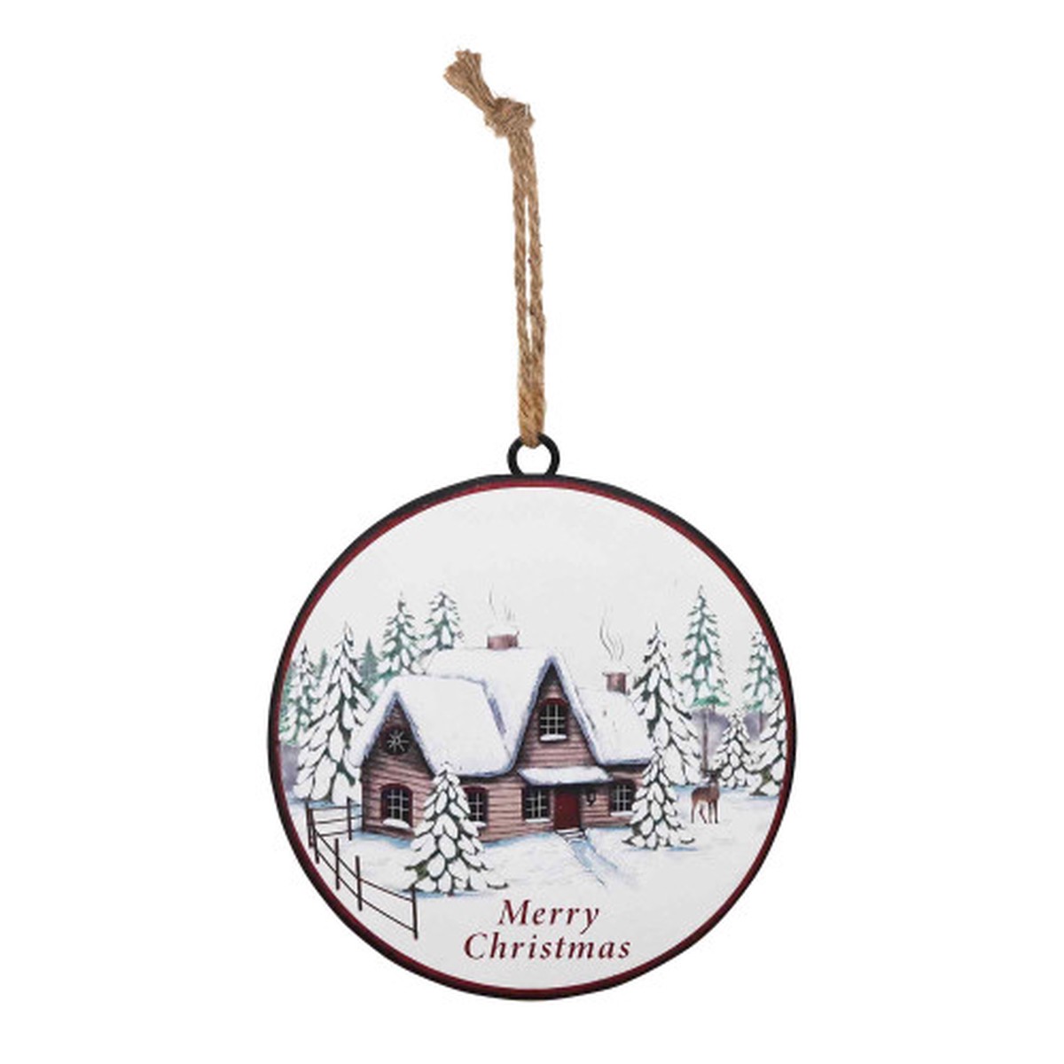 “Merry Christmas” Cabin Disc Ornaments – 6″ – Multi-Color – 12ct