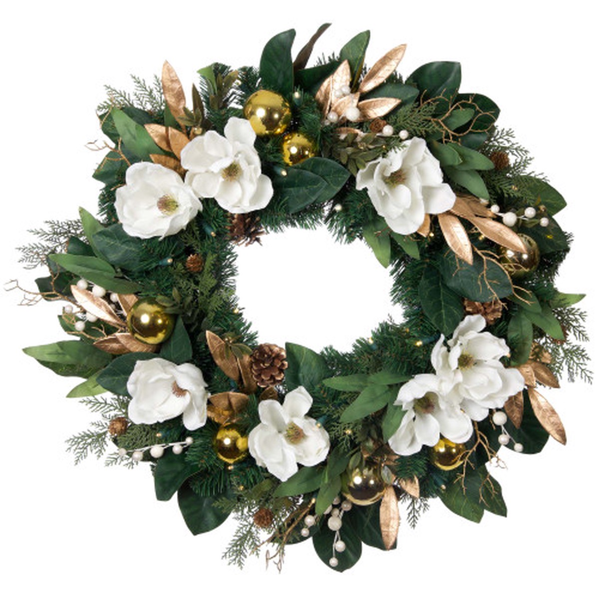 Pre-Lit White Magnolia Artificial Christmas Wreath, 30-Inch, Clear LED Lights