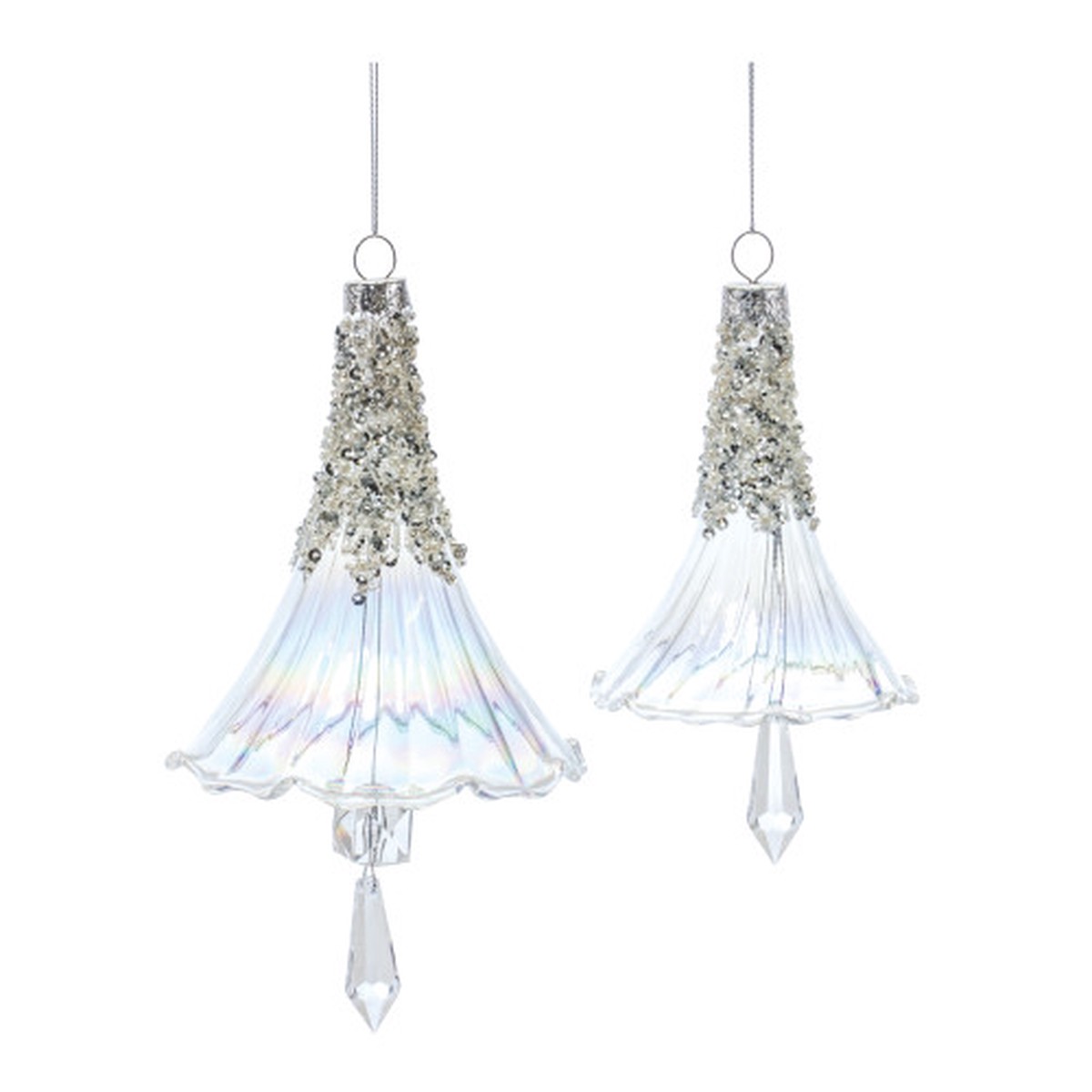 Set of 6 Beaded Iridescent Glass Bell Christmas Ornaments 7.25"
