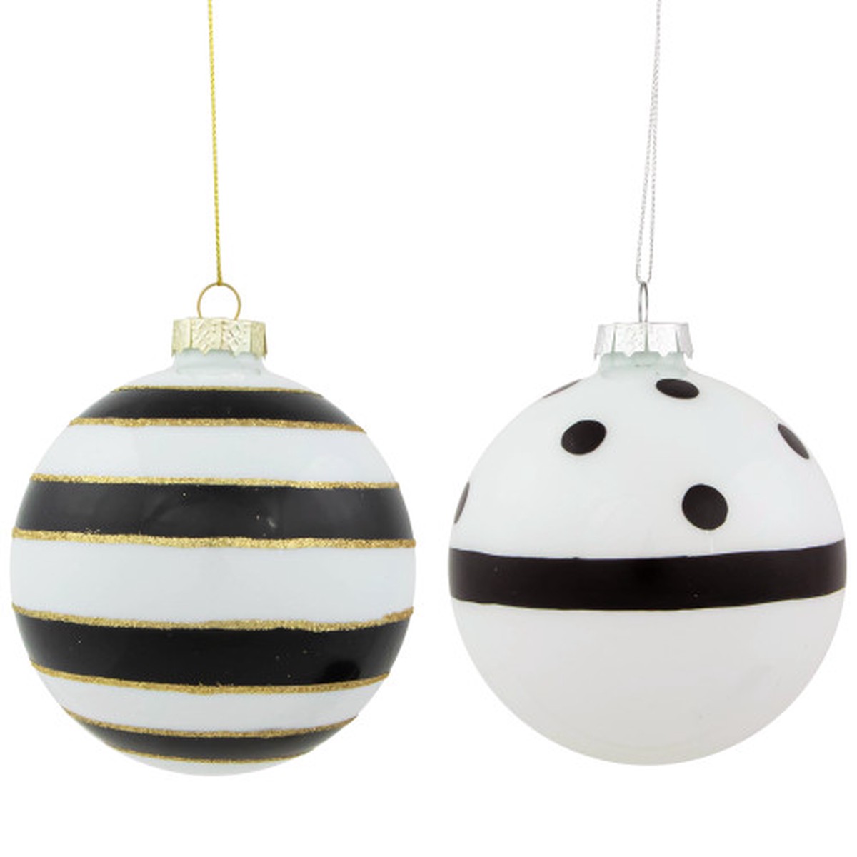 Striped and Dotted Christmas Glass Ball Ornaments – 4″ – White and Black – Set of 2