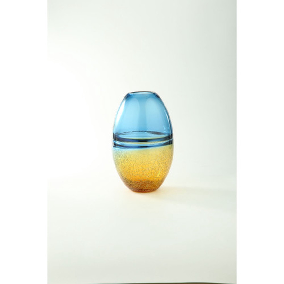 10.5″ Blue and Crackled Yellow Ombre Hand Blown Glass Vase