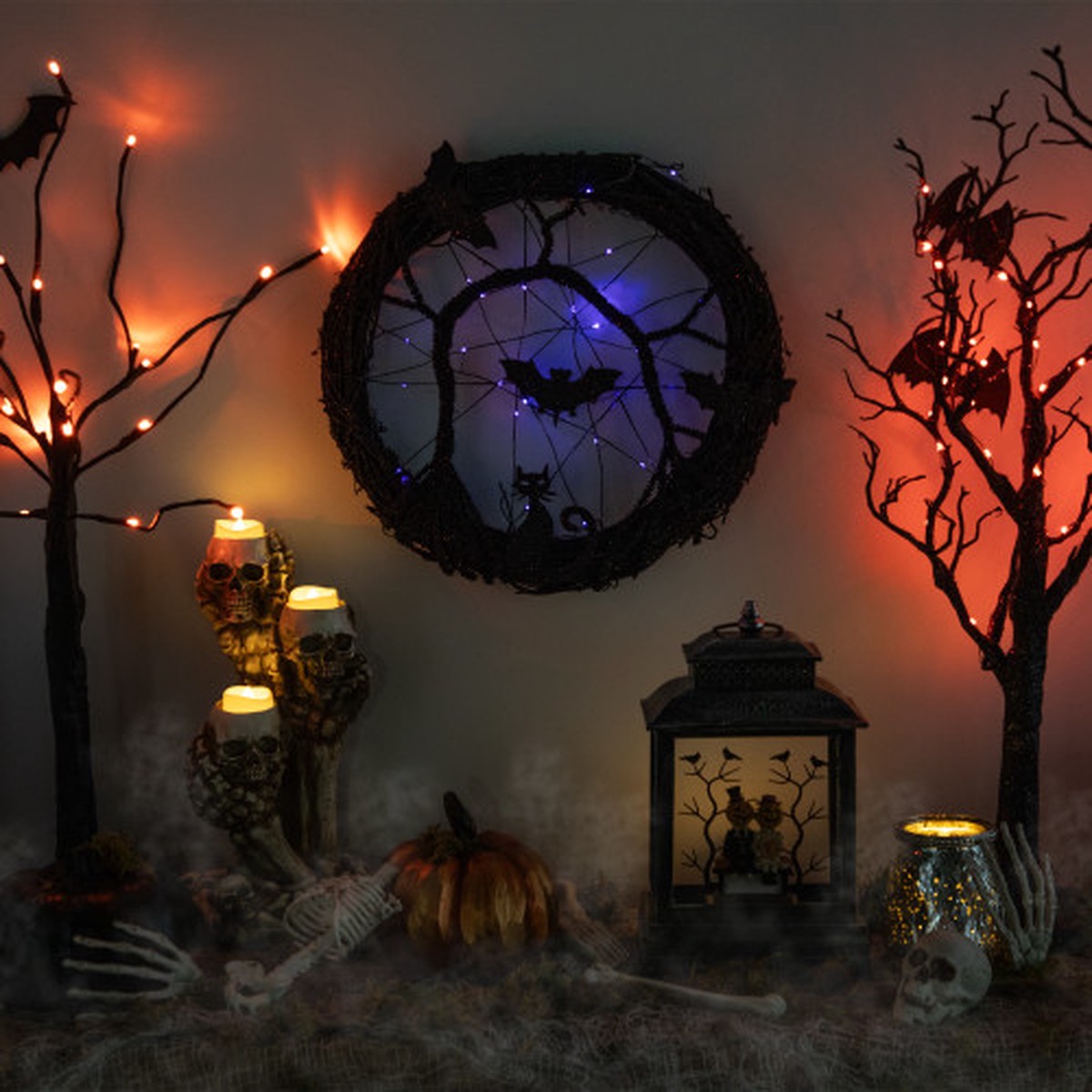13″ LED Lighted Black Twig and Bats Small Halloween Wreath – Purple Lights