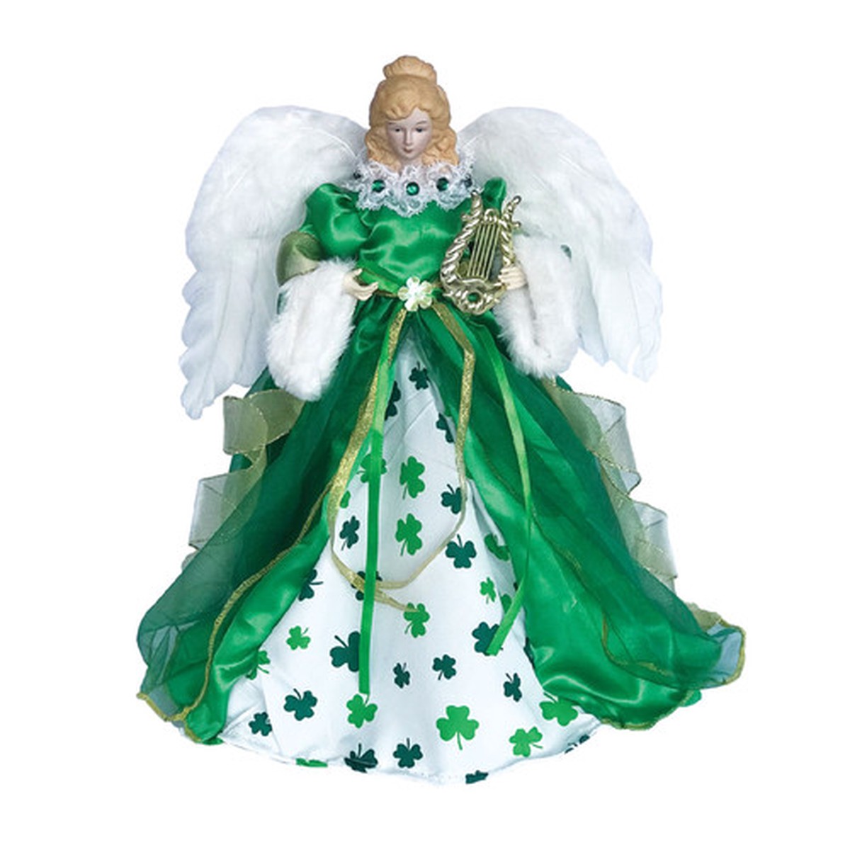 15″ Green and White St. Patrick’s Day Shamrock Angel Tree Topper, Unlit