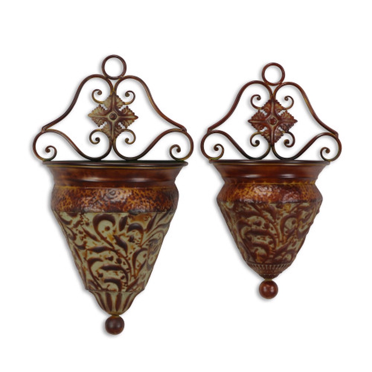 Set of 2 Bronze and Green Tapered Wall Vases 24.75″