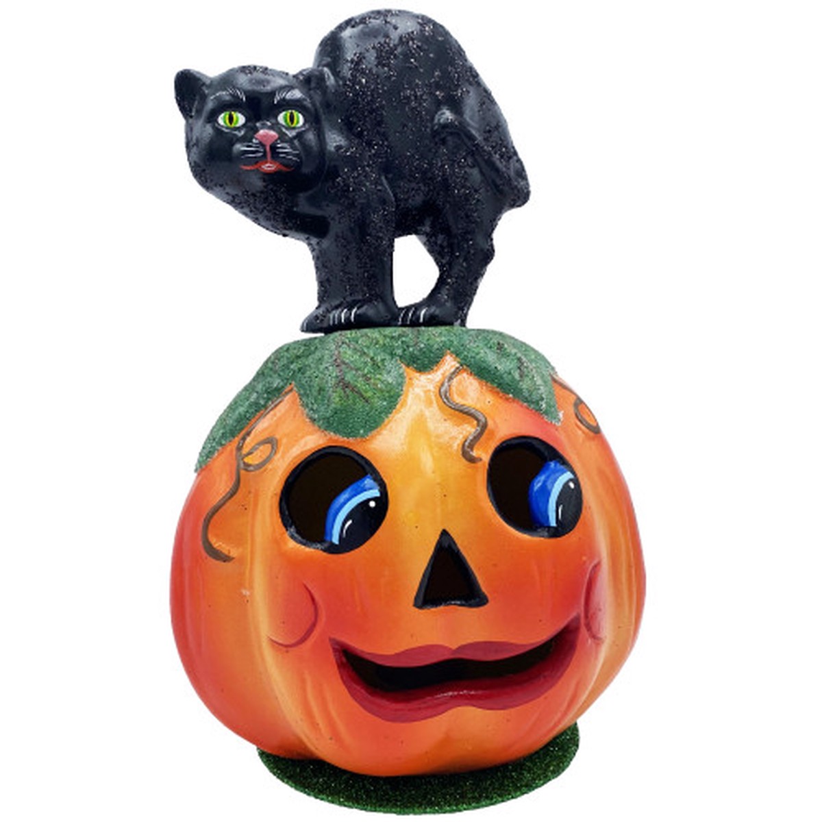 10.5 Schaller Paper Mache Black Cat on Jack-O-Lantern Halloween Candy Container