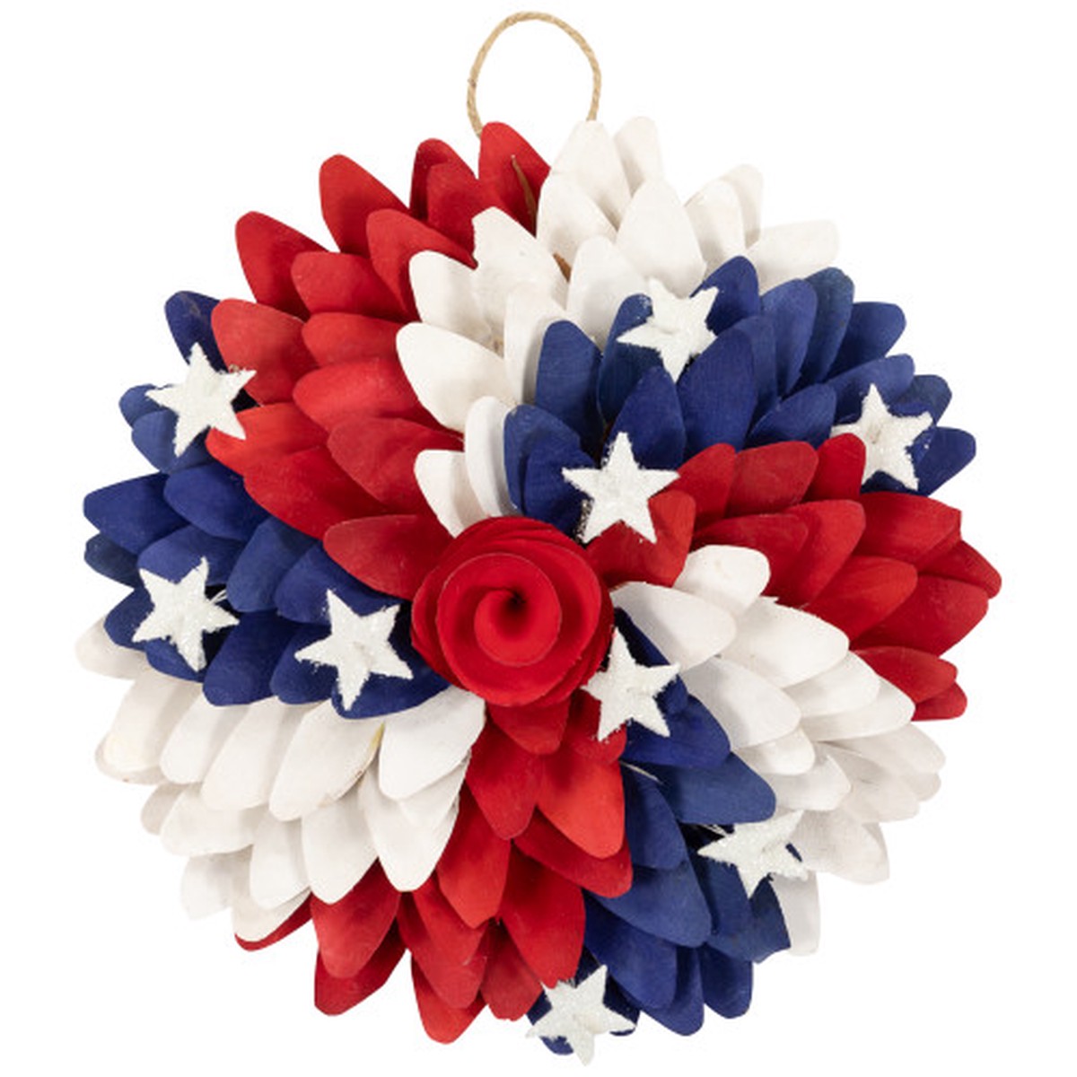 12″ Wood Shavings Americana Rose and Petals Artificial 4th of July Wreath