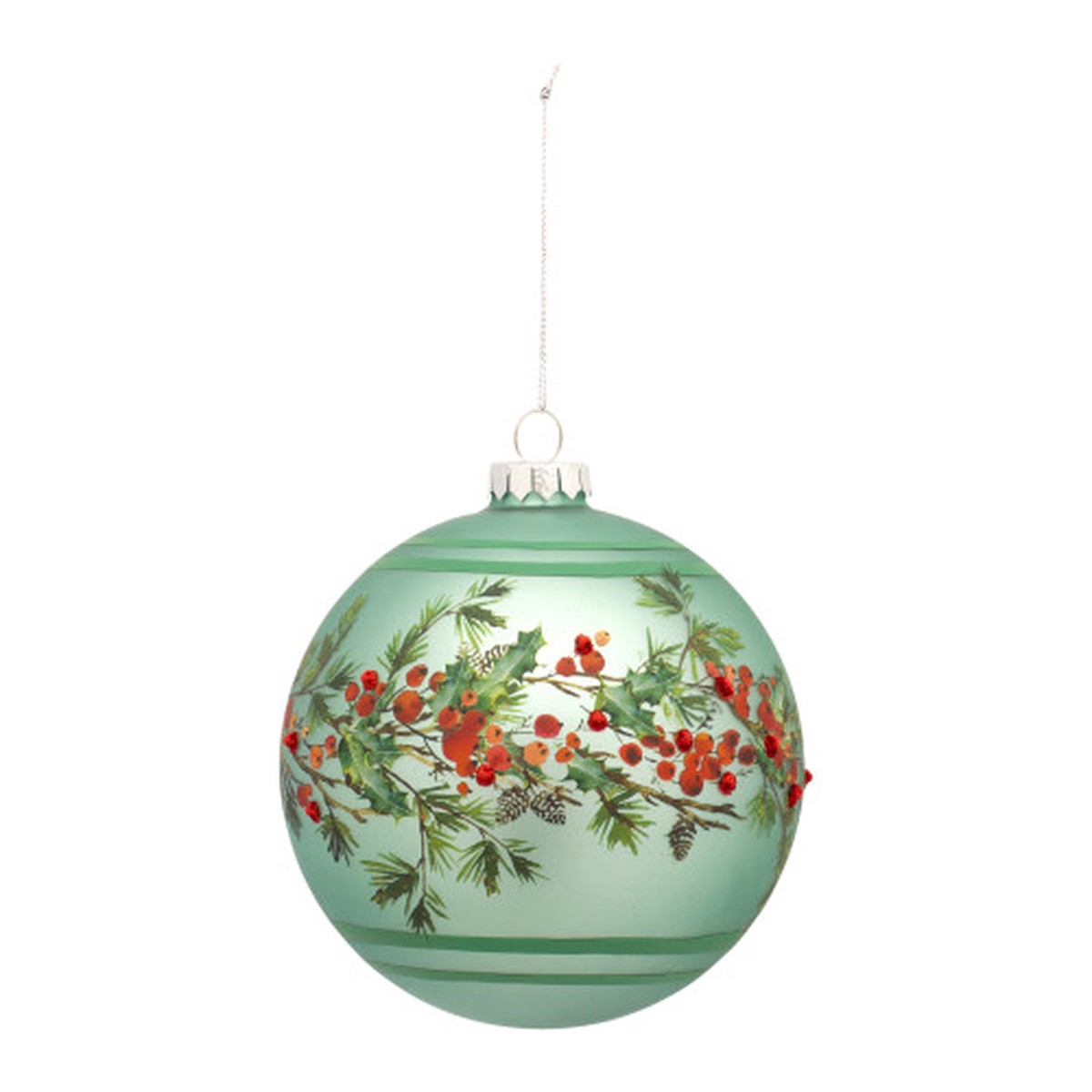 6ct Green Berry and Pine Glass Christmas Ball Ornaments 5"