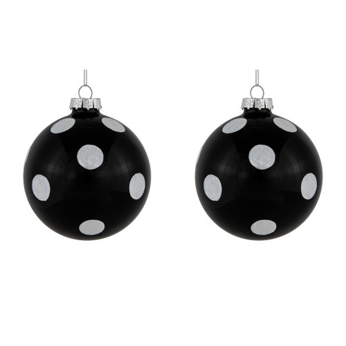 Polka Dot Christmas Glass Ball Ornaments - 4" - Black and White - Set of 2
