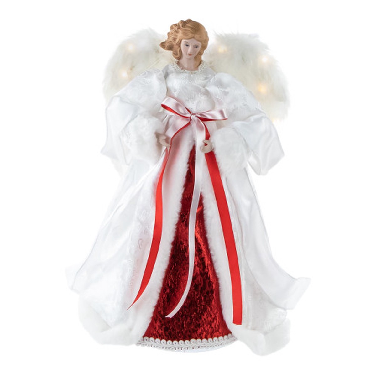 14″ White and Red Angel with Lighted Wings Christmas Tree Topper