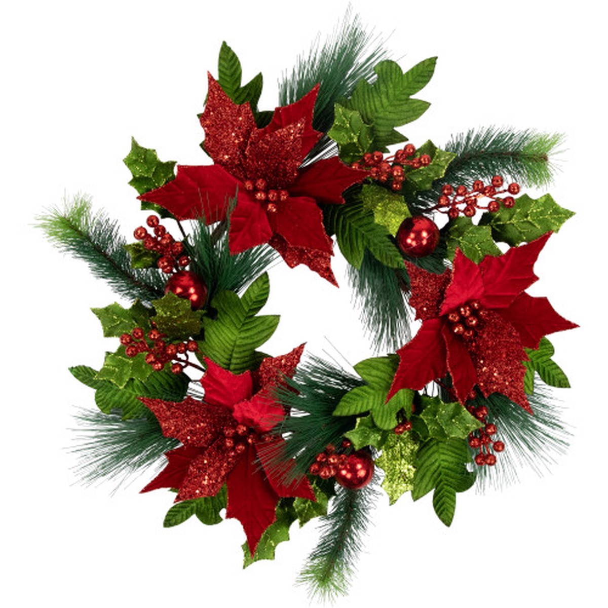 24″ Glittered Red Poinsettia and Long Pine Christmas Wreath, Unlit