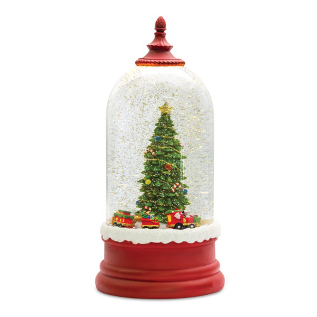 Lighted Snow Globe with Christmas Tree, Train, and Timer – 10.5″ – Red and White