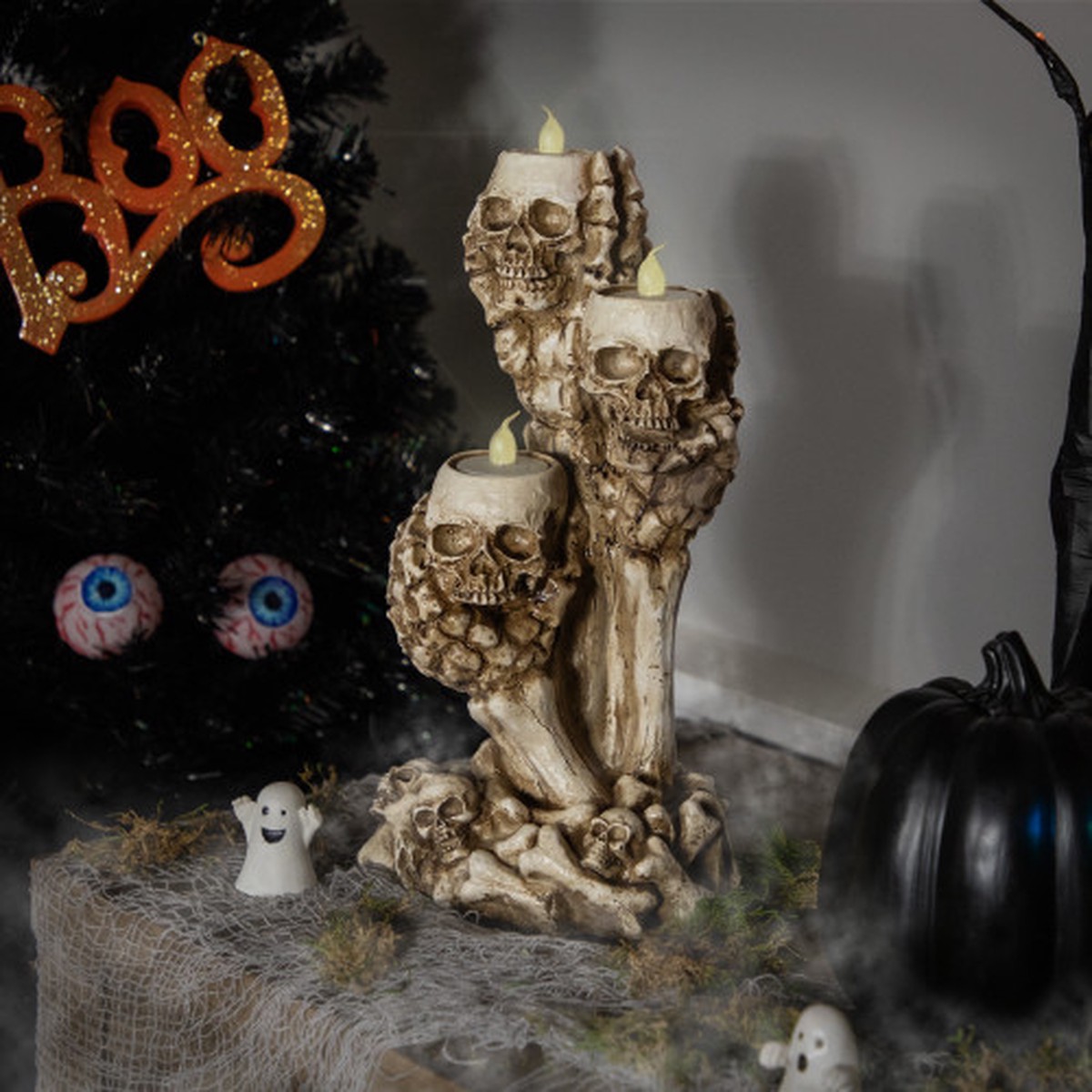 12″ Triple Skulls and Bones Halloween Tea Light Candle Holder