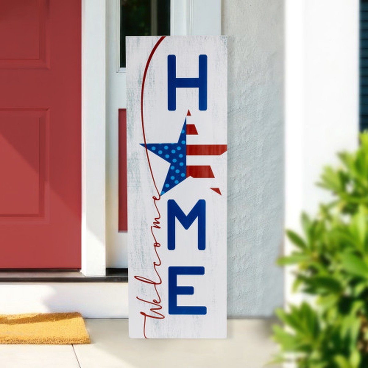 35.75″ Wooden “Welcome Home” Polka Dot and Striped Star 4th of July Porch Sign
