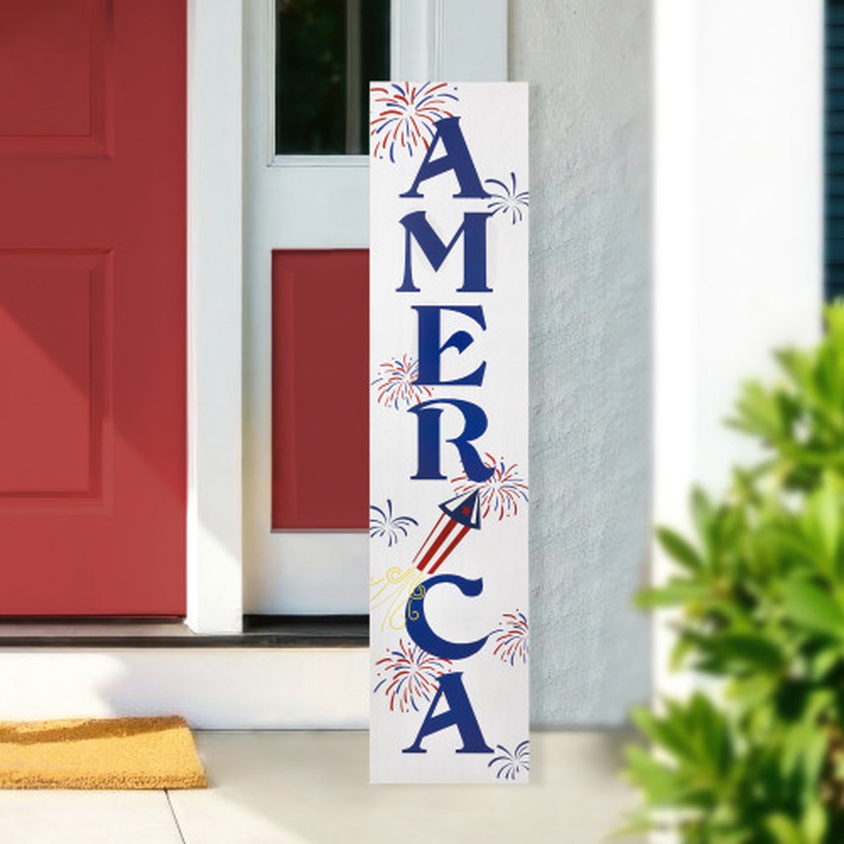 36″ Patriotic Wooden “America” with Rocket Fireworks 4th of July Porch Sign