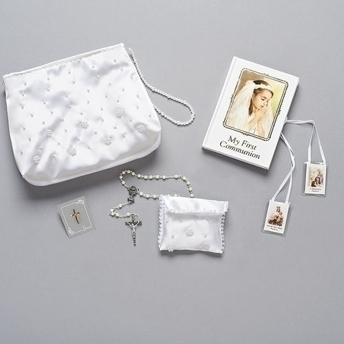 6-Piece Girls First Communion Purse – 7.25″ – White and Silver