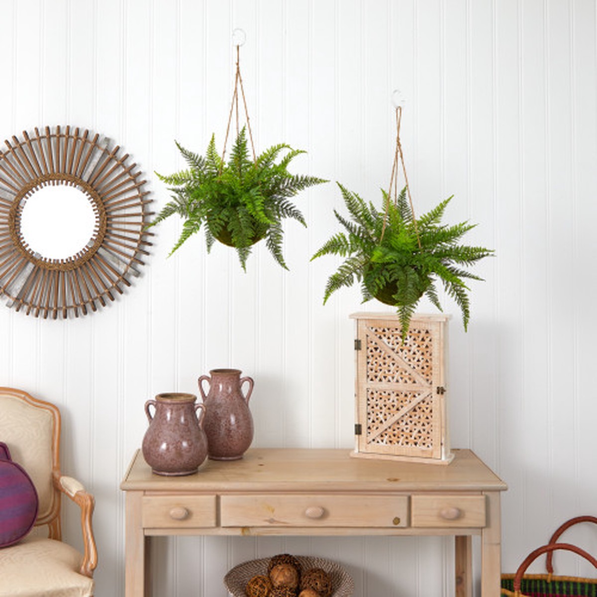 Leather Fern Artificial Plant with Moss Hanging Basket -13″ – Green – Set of 2