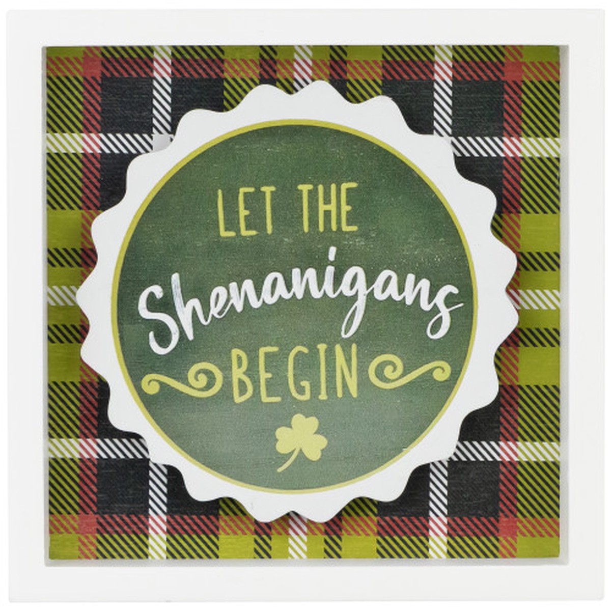 “Let the Shenanigans Begin” St. Patrick’s Day Framed Wall Sign – 6″ – Green Plaid
