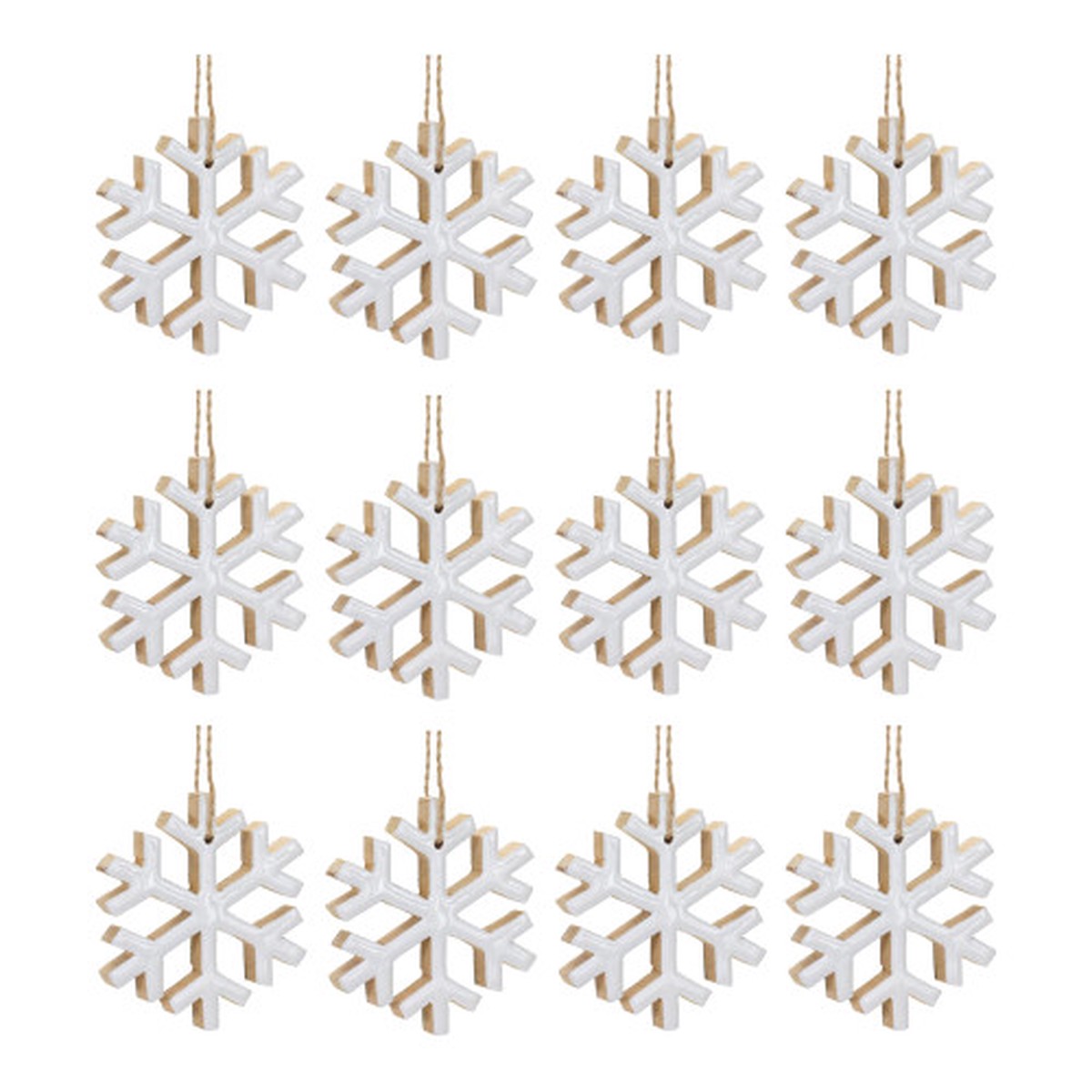 12ct White Wooden Snowflake Christmas Ornaments 4″