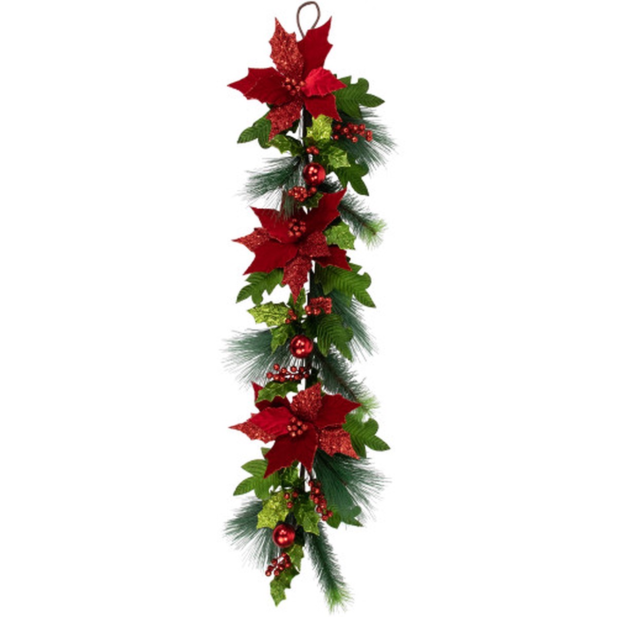 48″ Glittered Red Poinsettia and Long Pine Christmas Swag, Unlit