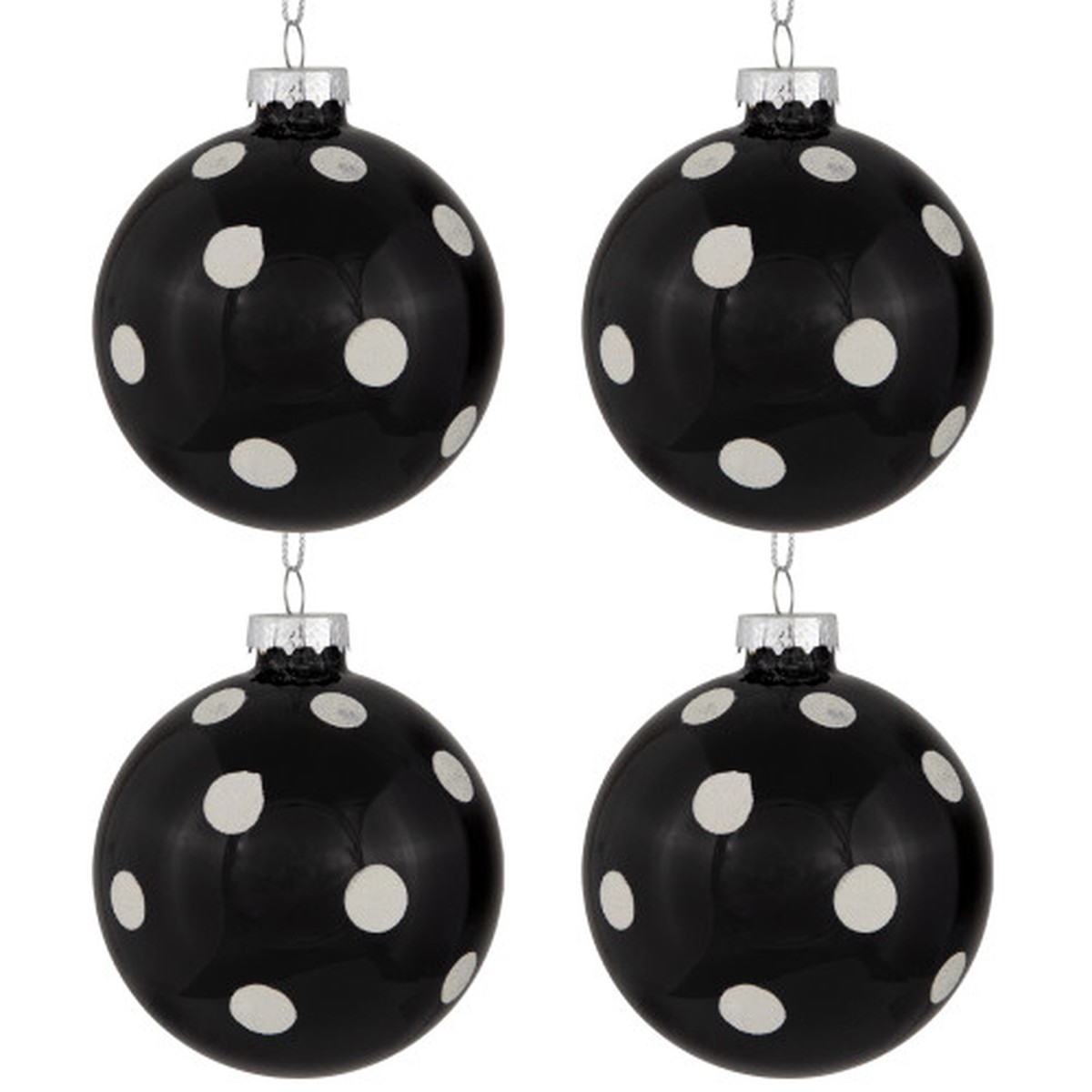 Shiny Finish Polka Dots Christmas Glass Ball Ornaments – 3″ (80mm) – Black and White – Set of 4