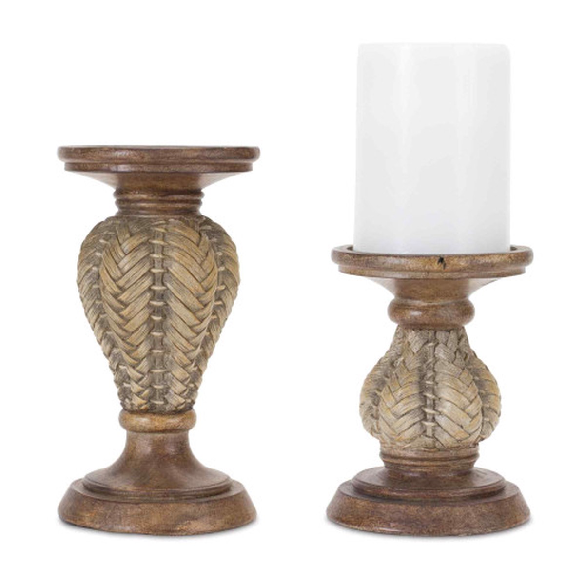 Woven Wood Pillar Candle Holders – 9″ – Brown – Set of 2
