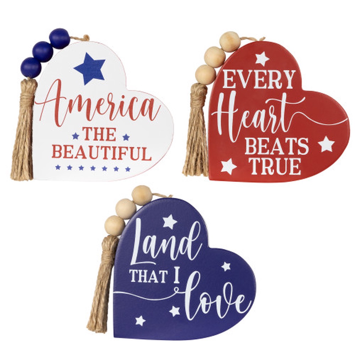 3.75″ Beaded Tassel Patriotic Heart Fourth of July Wooden Signs – Set of 3