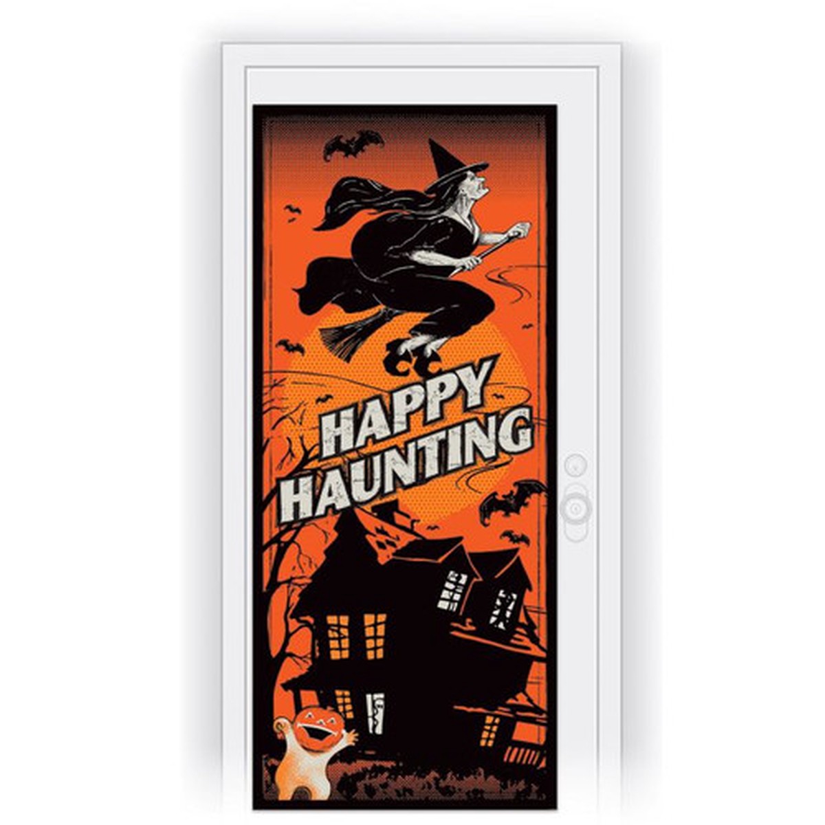 ‘Happy Haunting’ Witch Halloween Door Covers – 6′ – Orange and Black – Pack of 12