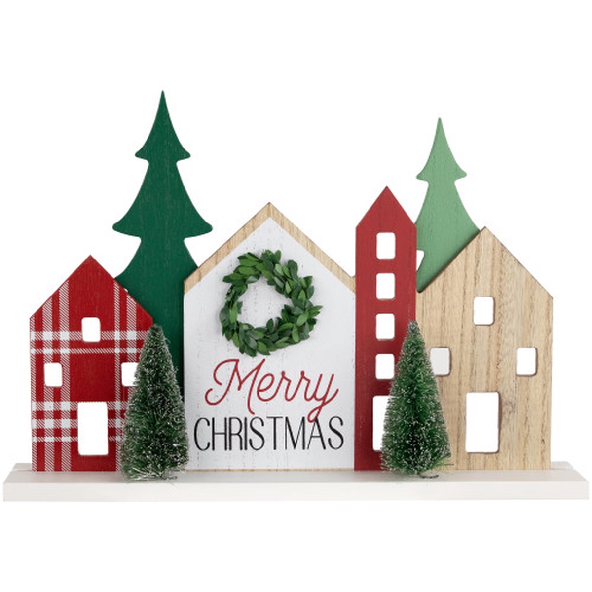 Wooden “Merry Christmas” Houses with Trees Decoration – 15″ – Red and Green