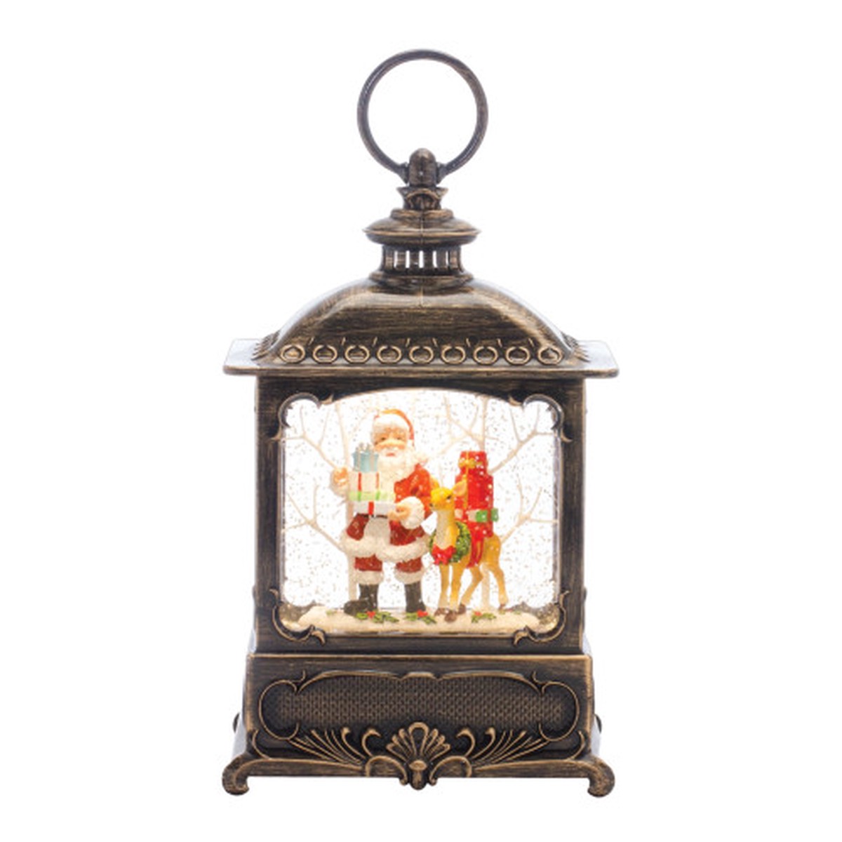 10.25″ LED Lighted Santa and Deer Christmas Lantern Snow Globe