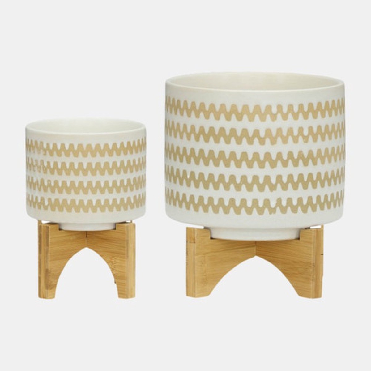 Zig Zag Ceramic Planters with Stand – 10.5″ – White and Brown – Set of 2
