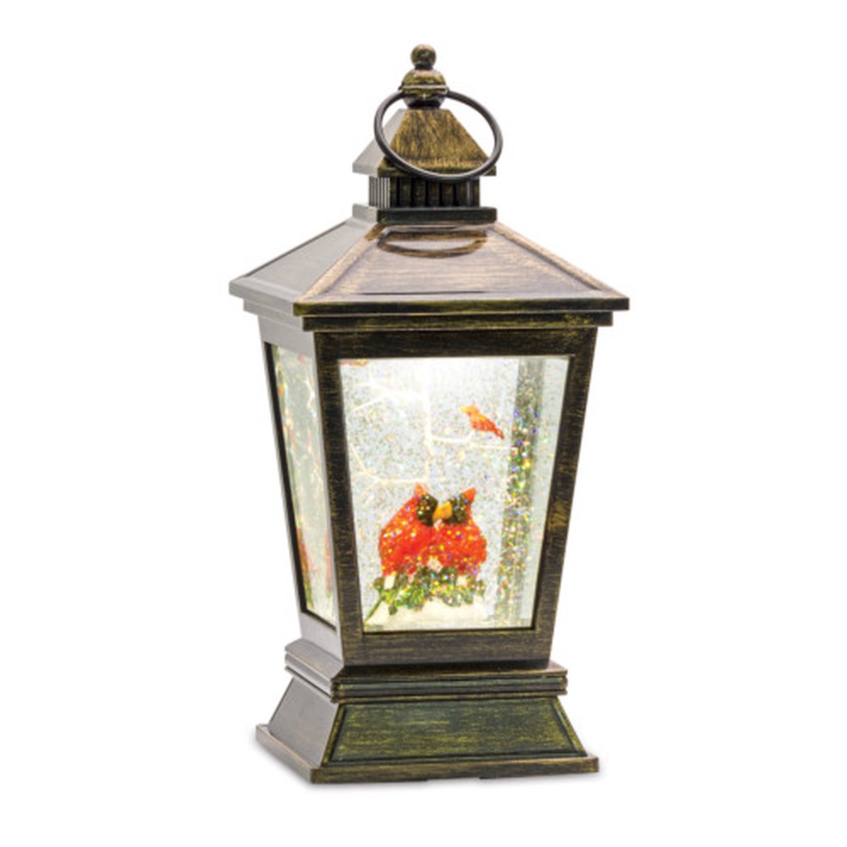 10.5″ Brown Snow Globe with Cardinals Christmas Lantern