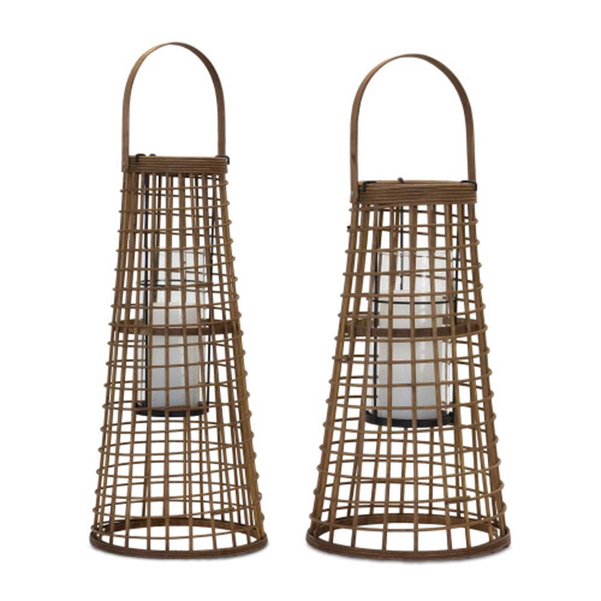 Woven Bamboo Candle Lanterns with Glass Hurricane – 21.5″ – Brown – Set of 2
