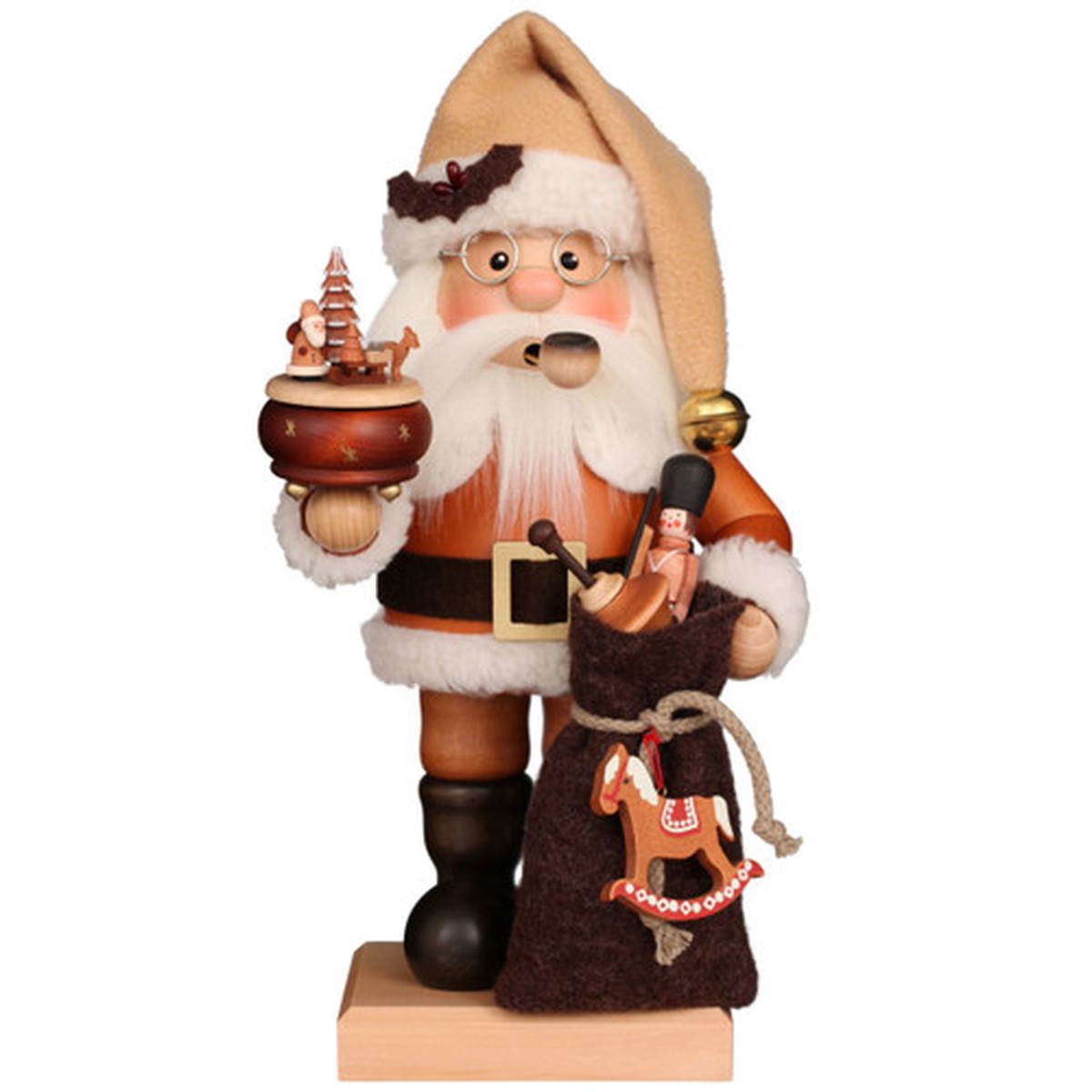 14.25″ Beige, Brown, and Black Natural Wood Finish Smoker Santa Claus Collectible Christian Ulbricht Ornament