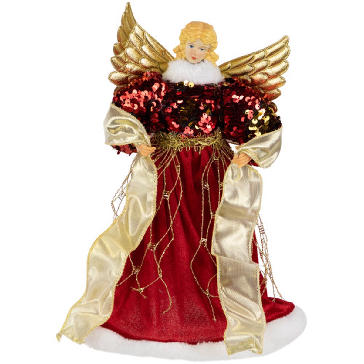 Metallic and Sequin Angel Christmas Tree Topper – 12″ – Red and Gold – Unlit