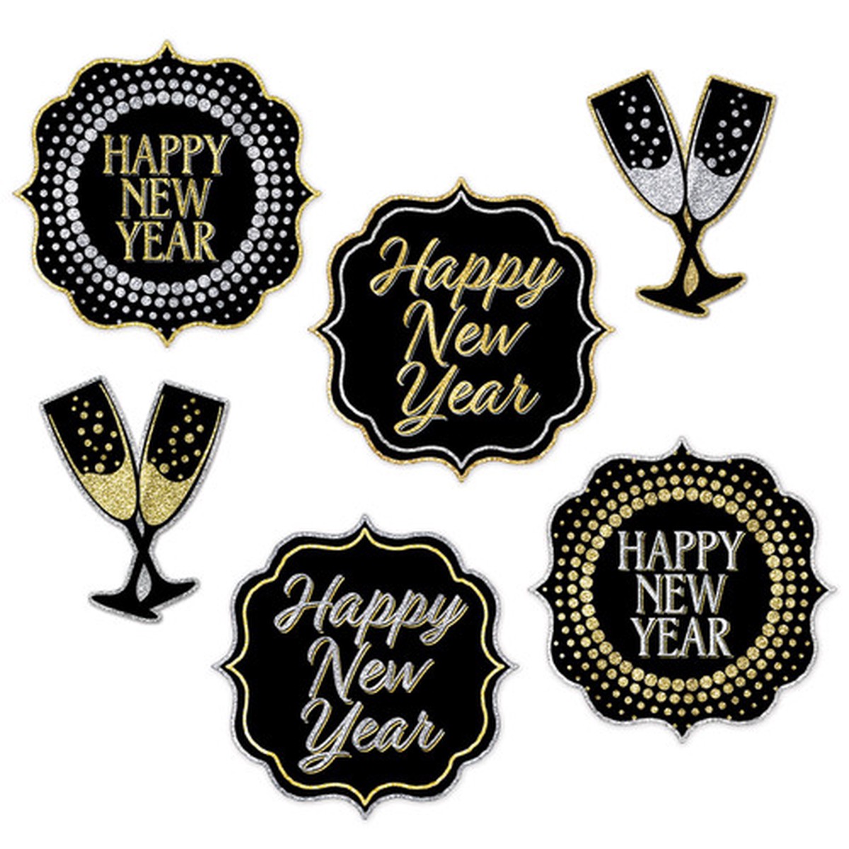 Pack of 72 Black Gold and Silver New Year Cutouts