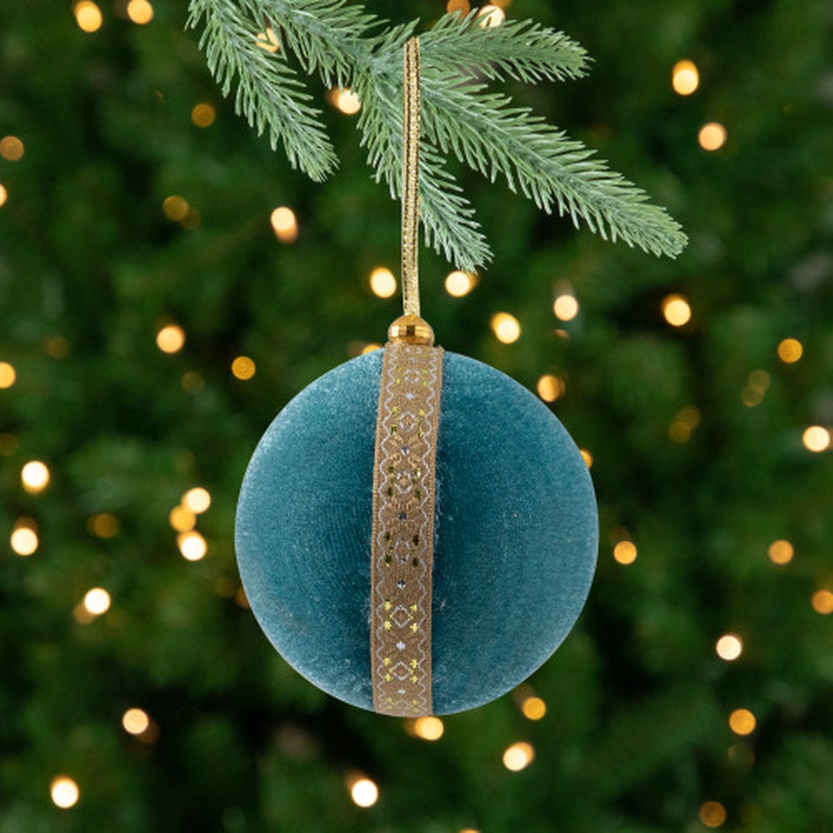 Velour Christmas Ball Ornament with Ribbon Stripe – 3.25″ – Teal Green