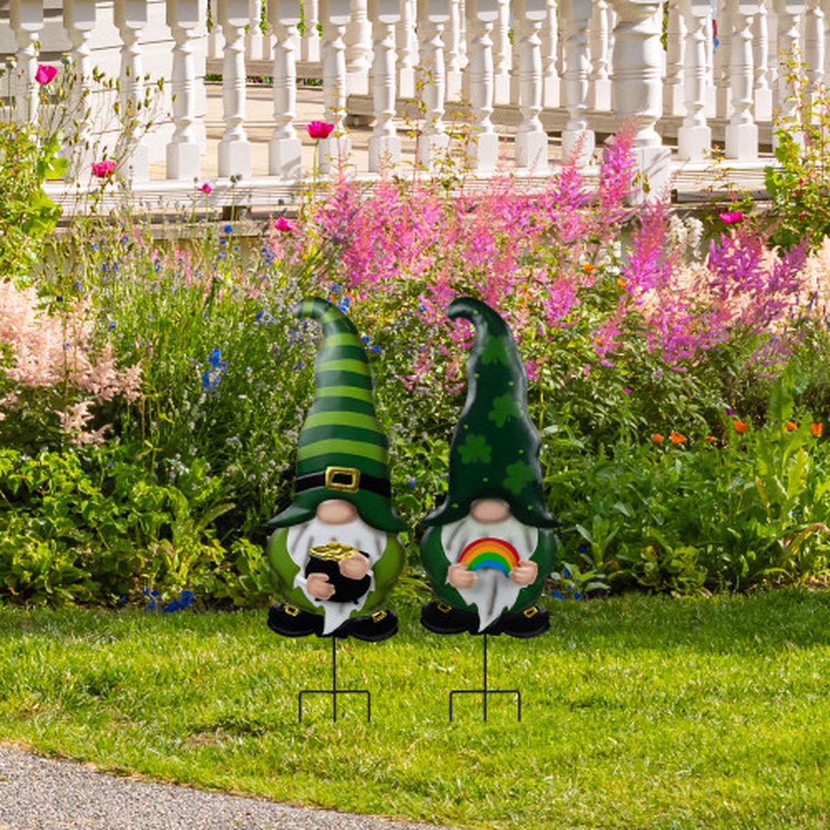 27.5″ St. Patrick’s Day Gnomes Holding Pot of Gold and Rainbow Outdoor Garden Stakes – Set of 2